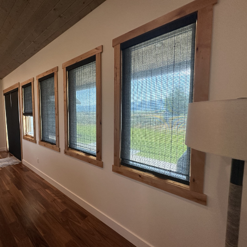 shades in living room, clear, wooden
